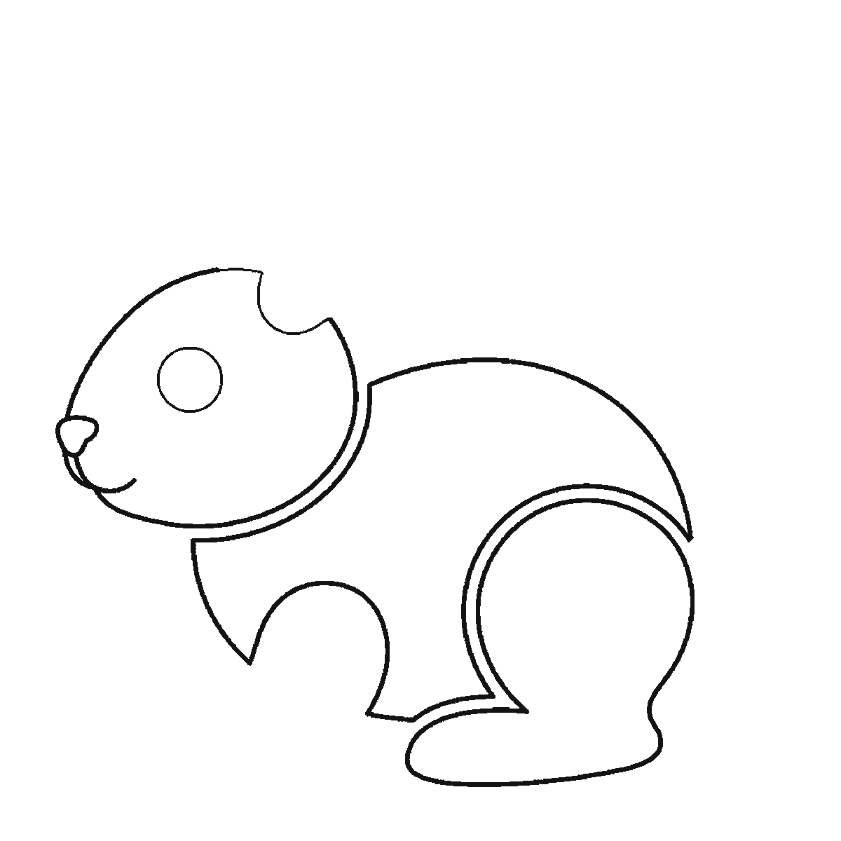 Paso 3 de 6: Paso 3 de 6: Lámina de dibujo paso a paso: un conejo sentado de perfil, con un ojo redondo de pupila rellena, dos orejas largas, el cuerpo redondeado, una pata delantera, una pata trasera y una cola redonda, contornos negros sobre blanco.