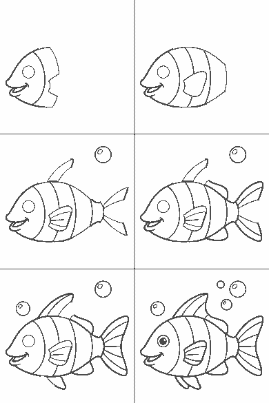 Lámina de dibujo paso a paso: el pez nada hacia la izquierda, visto de perfil. Tiene un ojo redondo con la pupila rellena y una boca pequeña y sonriente. El cuerpo es un óvalo cruzado por tres franjas anchas, cada una dibujada como una forma cerrada independiente. Lleva dos aletas arriba —una dorsal puntiaguda y otra trasera redondeada— y dos abajo —una pélvica de dos lóbulos y una anal—, además de una aleta pectoral y una cola ancha en abanico.