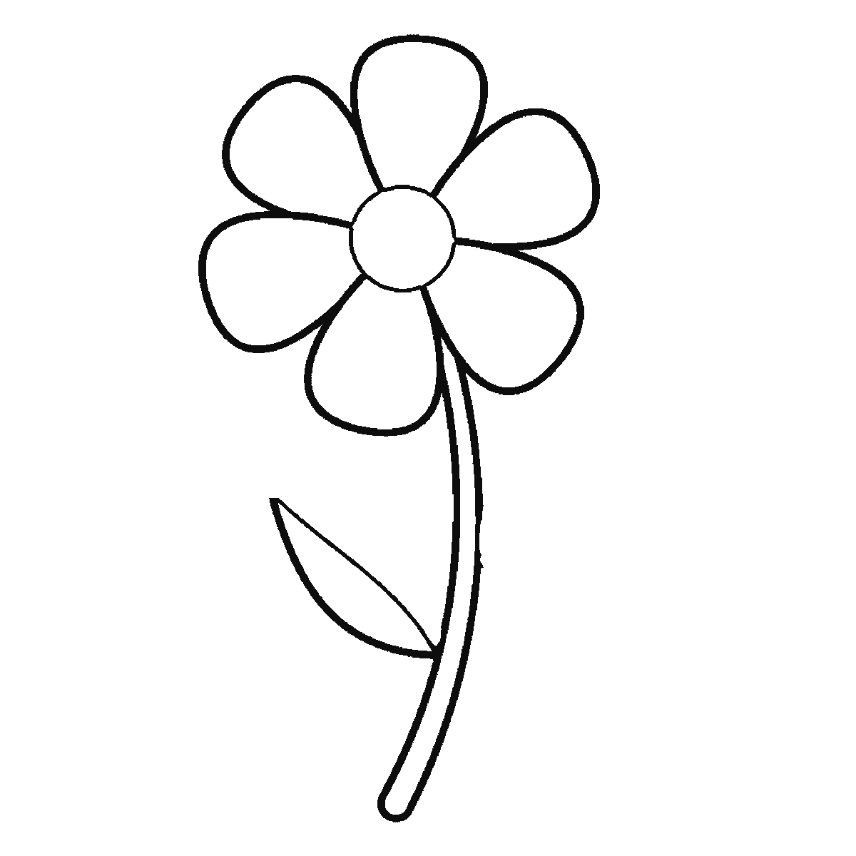 Paso 4 de 6: Paso 4 de 6: Lámina de dibujo paso a paso: una flor abierta vista de frente con seis pétalos redondeados alrededor de un centro circular, sobre un tallo curvado con dos hojas puntiagudas a distinta altura, cada una con su nervio central, contornos negros sobre blanco.