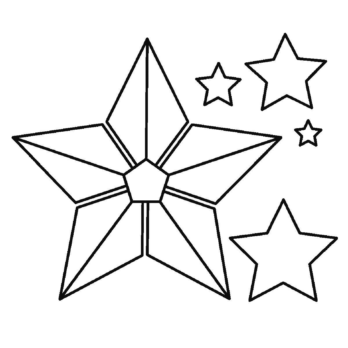Paso 6 de 6: Paso 6 de 6: Lámina de dibujo paso a paso: una estrella grande de cinco puntas con la cara dividida en paneles triangulares alrededor de un pequeño pentágono central, junto a otras cuatro estrellas más pequeñas de distinto tamaño, contornos negros sobre blanco.
