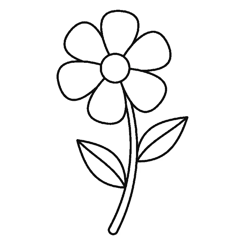 Lámina de dibujo paso a paso: una flor abierta vista de frente con seis pétalos redondeados alrededor de un centro circular, sobre un tallo curvado con dos hojas puntiagudas a distinta altura, cada una con su nervio central, contornos negros sobre blanco.