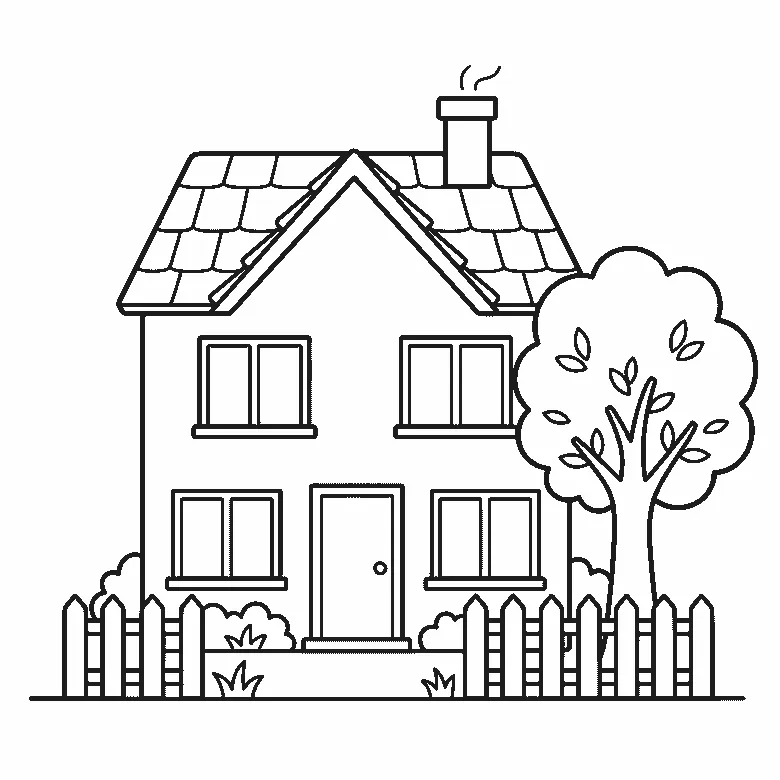 Lámina para calcar: una casa con el tejado a dos aguas, una chimenea con humo, una puerta, cuatro ventanas, una valla de jardín y un árbol al lado, contornos negros sobre blanco.