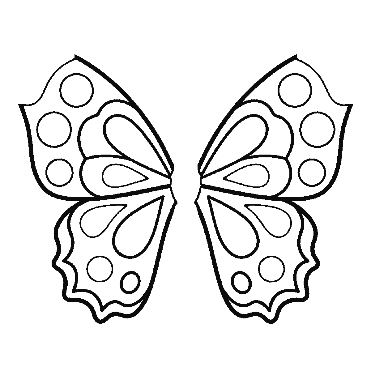 Paso 4 de 6: Paso 4 de 6: Lámina de dibujo paso a paso: una mariposa vista desde arriba con las alas simétricas totalmente extendidas y decoradas con círculos y motivos en forma de gota, la cabeza es un óvalo liso con dos antenas y sin rasgos faciales, contornos negros sobre blanco.