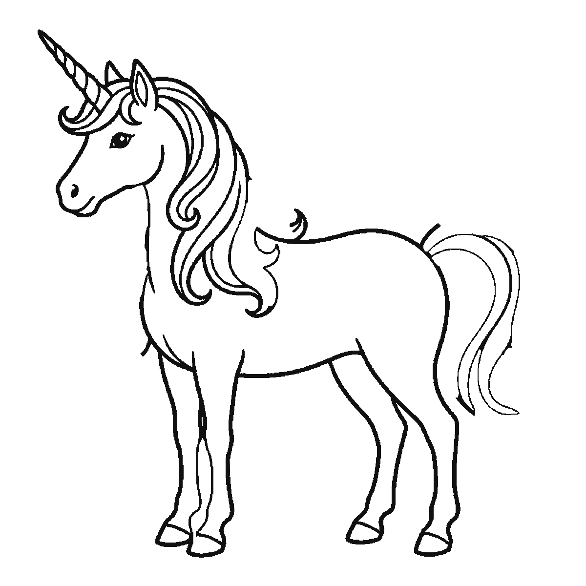 Paso 4 de 6: Paso 4 de 6: Lámina de dibujo paso a paso: un unicornio de pie visto de perfil, con un ojo redondo de pupila rellena, la crin y la cola ondulantes, y un único cuerno en espiral, contornos negros sobre blanco.