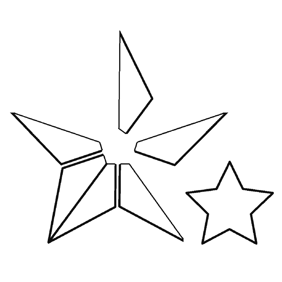Paso 3 de 6: Paso 3 de 6: Lámina de dibujo paso a paso: una estrella grande de cinco puntas con la cara dividida en paneles triangulares alrededor de un pequeño pentágono central, junto a otras cuatro estrellas más pequeñas de distinto tamaño, contornos negros sobre blanco.