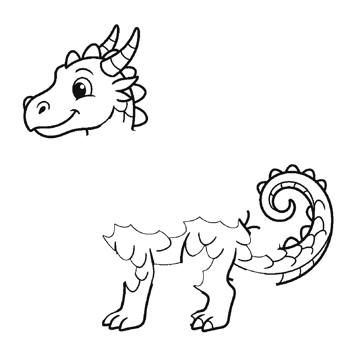 Paso 2 de 6: Paso 2 de 6: Lámina de dibujo paso a paso: un dragón de pie visto de perfil, con un ojo redondo de pupila rellena, las alas grandes y abiertas, la cola larga enroscada en espiral y una hilera de púas redondeadas a lo largo del lomo, contornos negros sobre blanco.