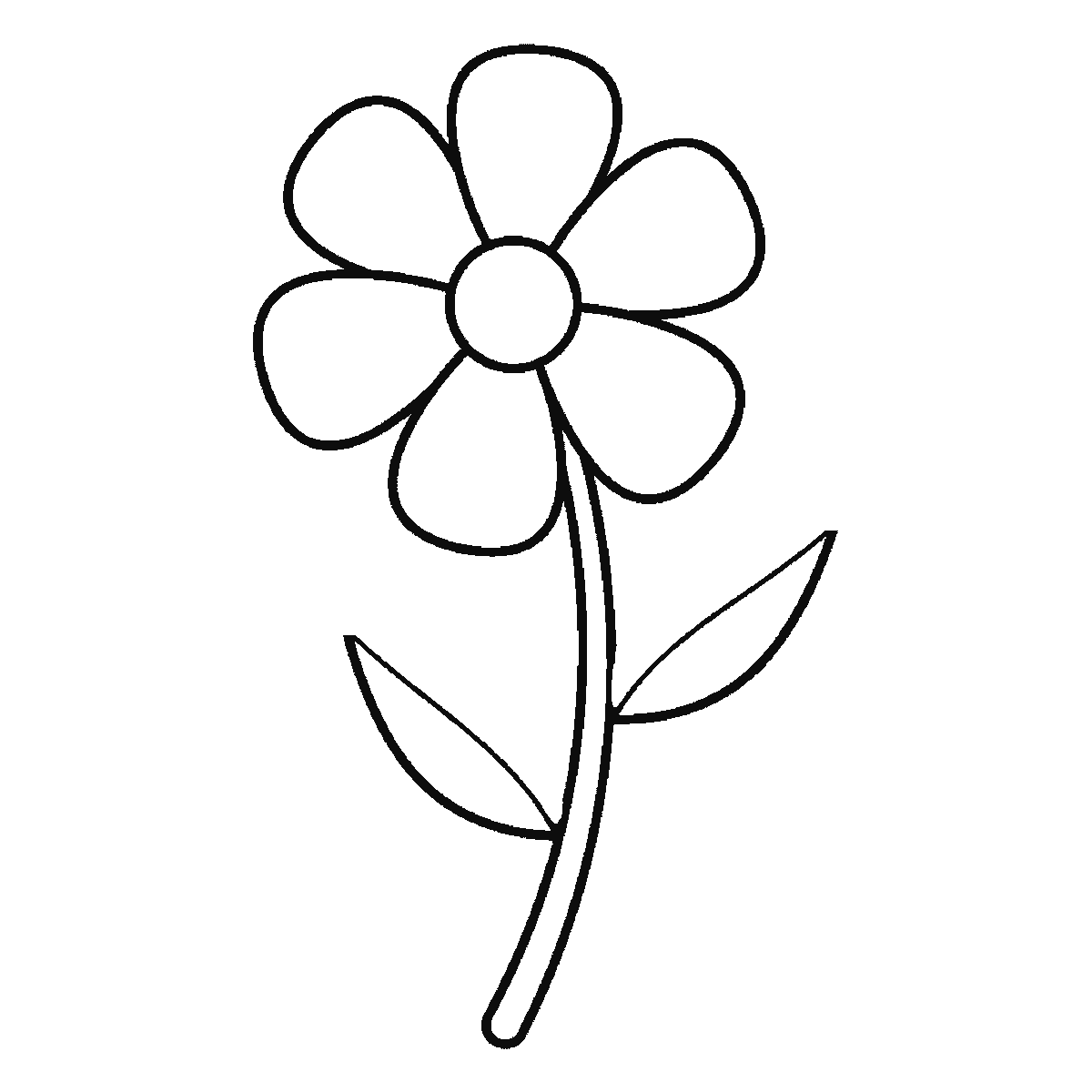 Paso 5 de 6: Paso 5 de 6: Lámina de dibujo paso a paso: una flor abierta vista de frente con seis pétalos redondeados alrededor de un centro circular, sobre un tallo curvado con dos hojas puntiagudas a distinta altura, cada una con su nervio central, contornos negros sobre blanco.