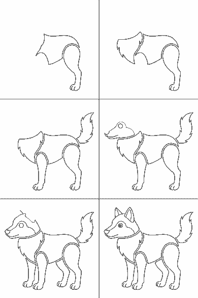 Lámina de dibujo paso a paso: el lobo está de pie y de perfil, mirando hacia la izquierda. Se le ve un ojo redondo con la pupila rellena y dos orejas triangulares levantadas con el interior marcado. El hocico es alargado y termina en una nariz redondeada. En el pecho y en el cuello el pelo se dibuja como un borde en zigzag, y la cola es ancha y termina en punta. Las cuatro patas acaban en dedos marcados.