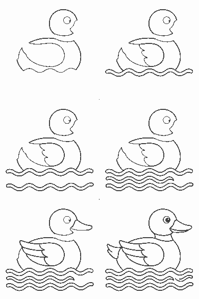 Lámina de dibujo paso a paso: el pato flota en el agua, visto de perfil y mirando hacia la derecha. La cabeza es un círculo con un ojo redondo de pupila rellena y un pico ancho y plano que sale hacia delante. El cuello es corto y une la cabeza con un cuerpo ovalado. El ala plegada se dibuja como una forma cerrada con tres plumas largas marcadas dentro, y detrás asoma la cola en pico. Bajo el cuerpo hay tres bandas onduladas cerradas y, a la derecha de la banda del medio, un trazo corto abierto.