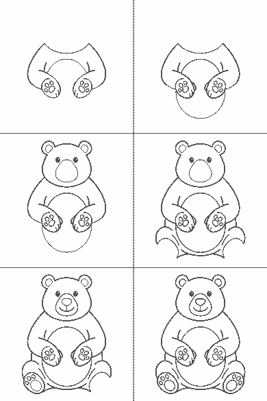 Lámina de dibujo paso a paso: el oso está sentado y visto de frente. La cabeza es ancha y redondeada, con dos orejas semicirculares pequeñas que llevan otra forma dentro. Los dos ojos son puntos rellenos y entre ellos baja un hocico ovalado con la nariz redondeada y una boca de dos curvas. El cuerpo es un óvalo grande con una forma cerrada en la tripa. Las cuatro patas terminan en almohadillas redondas con los dedos marcados como óvalos pequeños.