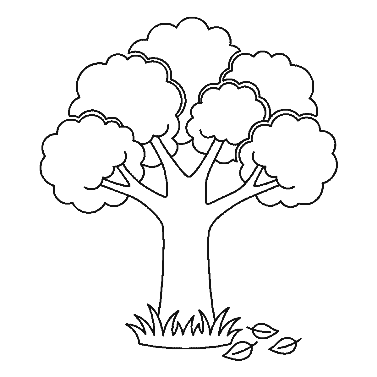 Paso 6 de 6: Paso 6 de 6: Lámina de dibujo paso a paso: un árbol frondoso con el tronco grueso, varias ramas que sostienen cinco copas redondeadas de follaje, un macizo de hierba en la base y tres hojas caídas al lado, contornos negros sobre blanco.