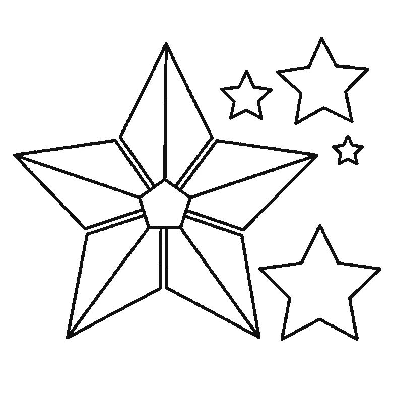 Lámina de dibujo paso a paso: una estrella grande de cinco puntas con la cara dividida en paneles triangulares alrededor de un pequeño pentágono central, junto a otras cuatro estrellas más pequeñas de distinto tamaño, contornos negros sobre blanco.