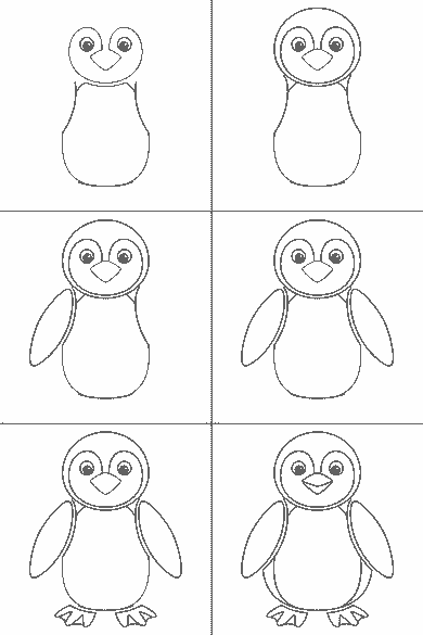 Lámina de dibujo paso a paso: el pingüino está de pie y visto de frente. La cabeza es un círculo grande con dos ojos redondos de pupila rellena y un pico pequeño en forma de rombo. El cuerpo es un óvalo ancho con una forma cerrada en el centro que separa el pecho claro del resto, y a cada lado cuelga una aleta alargada. Abajo asoman dos patas palmeadas con los dedos marcados.