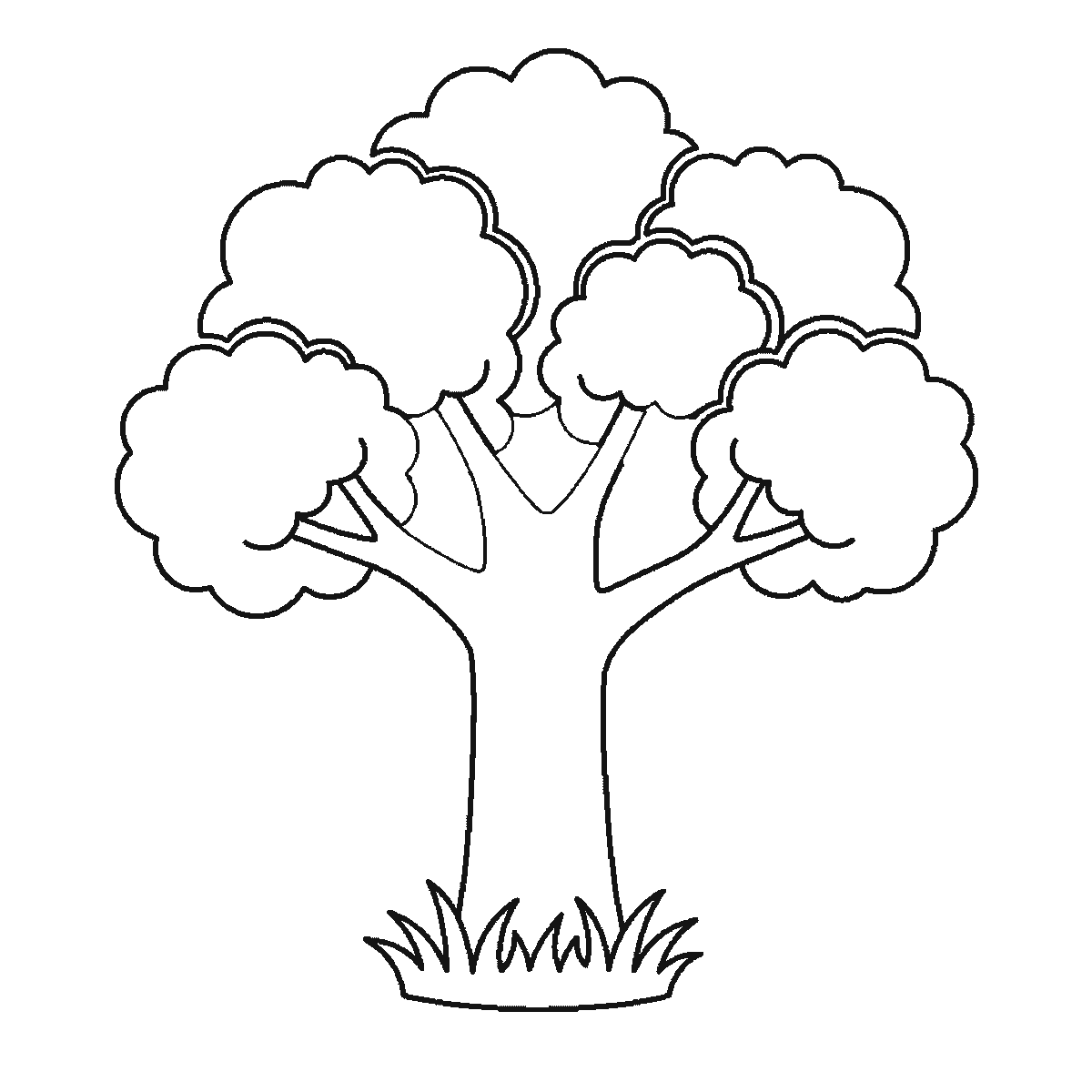 Paso 5 de 6: Paso 5 de 6: Lámina de dibujo paso a paso: un árbol frondoso con el tronco grueso, varias ramas que sostienen cinco copas redondeadas de follaje, un macizo de hierba en la base y tres hojas caídas al lado, contornos negros sobre blanco.