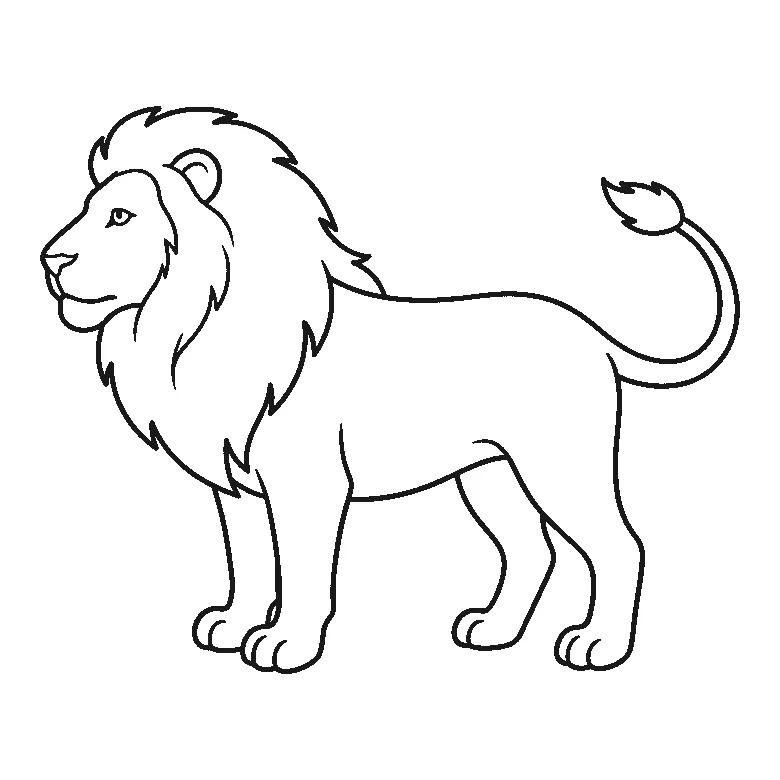 Lámina para calcar: un león de pie visto de perfil, con un ojo visible, una melena grande y redondeada, la boca cerrada y en calma, y la cola con un mechón en la punta, contornos negros sobre blanco.