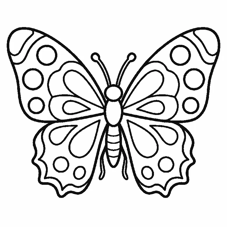 Lámina de dibujo paso a paso: una mariposa vista desde arriba con las alas simétricas totalmente extendidas y decoradas con círculos y motivos en forma de gota, la cabeza es un óvalo liso con dos antenas y sin rasgos faciales, contornos negros sobre blanco.