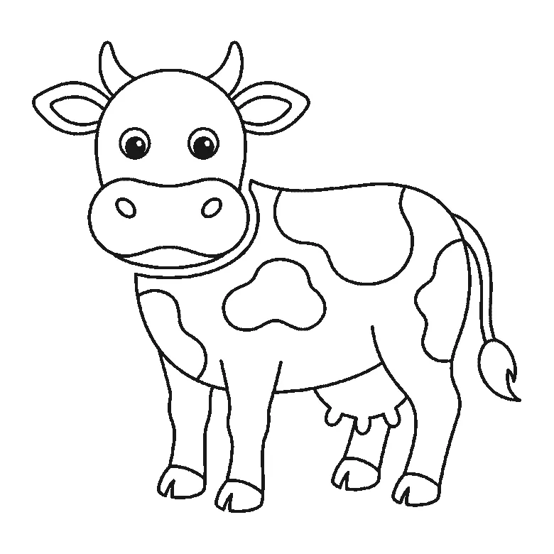 Lámina de dibujo paso a paso: una vaca de pie con la cabeza girada hacia quien mira, dos ojos redondos de pupila rellena, dos orejas, dos cuernos cortos, el hocico ancho con dos fosas nasales, tres manchas grandes en el cuerpo, las cuatro patas con pezuñas, la ubre visible y la cola con un mechón, contornos negros sobre blanco.