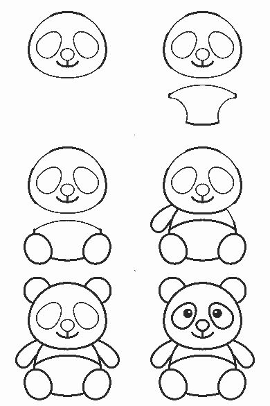 Lámina de dibujo paso a paso: el panda está sentado y visto de frente. La cabeza es casi redonda, con dos orejas semicirculares arriba, y cada ojo redondo de pupila rellena queda dentro de una mancha ovalada grande. El hocico lleva una nariz redondeada y debajo una boca sonriente de dos curvas. El cuerpo es un óvalo ancho con dos patas delanteras alargadas que salen a los lados y dos patas traseras redondeadas apoyadas delante.
