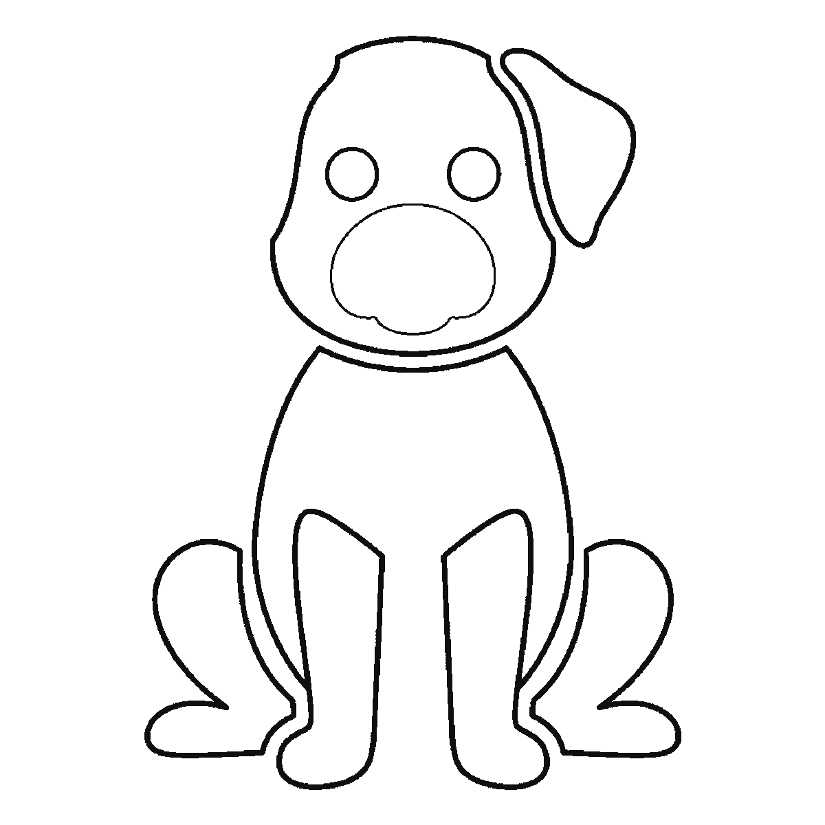 Paso 4 de 6: Paso 4 de 6: Lámina de dibujo paso a paso: un perro sentado y visto de frente, con dos ojos redondos de pupila rellena, el hocico redondeado, dos orejas, el cuerpo ovalado, las cuatro patas visibles y una cola enroscada, contornos negros sobre blanco.