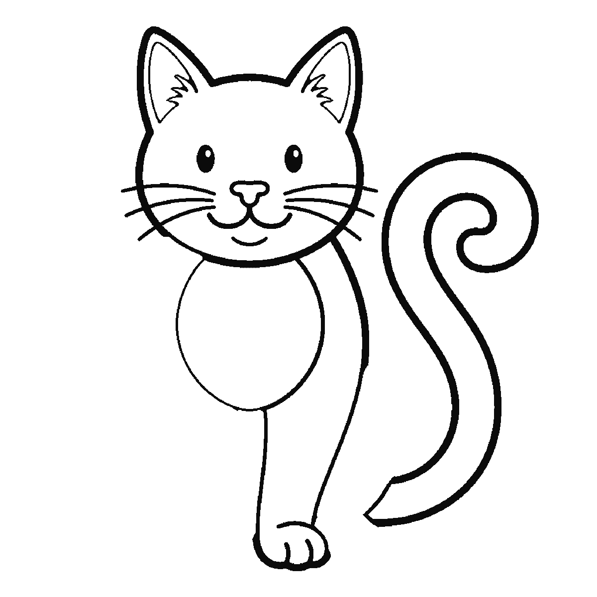 Paso 4 de 6: Paso 4 de 6: Lámina de dibujo paso a paso: un gato sentado y visto de frente, con dos ojos redondos de pupila rellena, bigotes a los lados y una cola larga y enroscada, contornos negros sobre blanco.