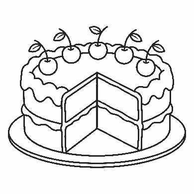Lámina para calcar: el contorno muestra una tarta de dos pisos sobre un plato ovalado, con una porción ya cortada que deja ver las capas del interior. Por encima, la cobertura cae en ondas alrededor de todo el borde superior. Sobre la tarta hay cinco cerezas repartidas en fila, cada una con su rabillo largo y una hoja pequeña. El hueco de la porción cortada muestra dos capas de bizcocho separadas por una línea de relleno.