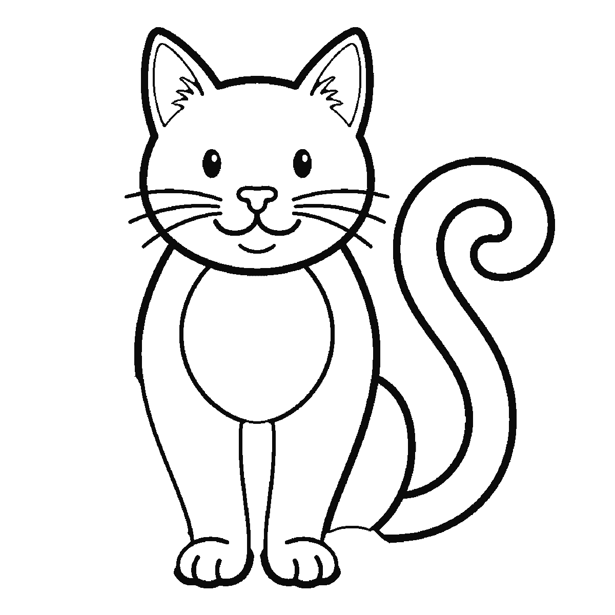 Paso 5 de 6: Paso 5 de 6: Lámina de dibujo paso a paso: un gato sentado y visto de frente, con dos ojos redondos de pupila rellena, bigotes a los lados y una cola larga y enroscada, contornos negros sobre blanco.