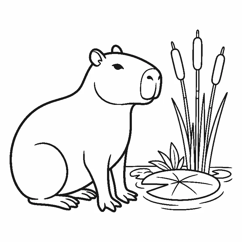 Lámina para calcar: una capibara sentada de perfil, con el hocico ancho y romo, una oreja pequeña y las patas cortas, junto a tres juncos altos y un nenúfar en el agua, contornos negros sobre blanco.
