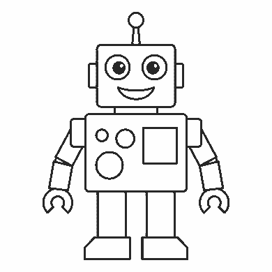 Lámina para calcar: el contorno muestra un robot de pie y de frente. La cabeza es un rectángulo con las esquinas redondeadas, con dos ojos redondos de pupila rellena, una boca sonriente y una antena rematada en bola. A los lados de la cabeza hay dos orejas cuadradas. El cuerpo es otro rectángulo con tres círculos de distinto tamaño y un cuadrado grande en el pecho. Los brazos y las piernas están hechos de tramos rectos, y las manos son pinzas abiertas.