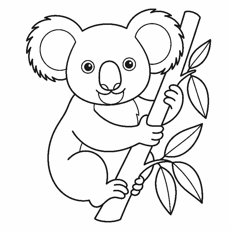 Lámina para calcar: un koala abrazado a una rama de eucalipto, visto de frente, con dos ojos redondos de pupila rellena, dos orejas grandes y redondeadas con el borde peludo, una nariz grande y redondeada, una zona más clara en el pecho, las dos manos sujetando la rama y varias hojas repartidas junto a ella, contornos negros sobre blanco.
