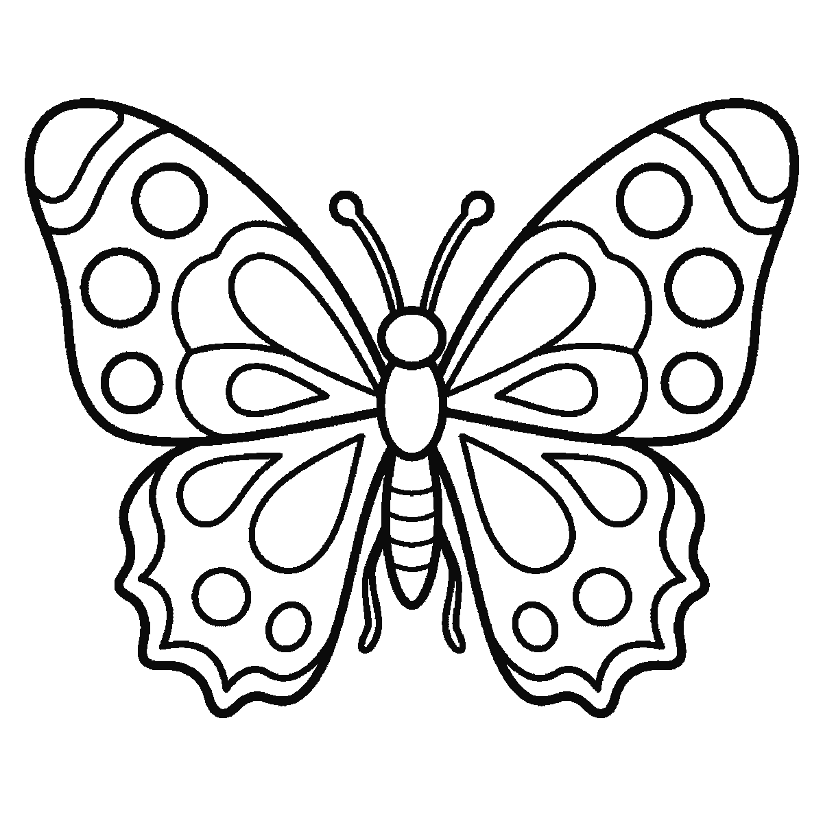 Paso 6 de 6: Paso 6 de 6: Lámina de dibujo paso a paso: una mariposa vista desde arriba con las alas simétricas totalmente extendidas y decoradas con círculos y motivos en forma de gota, la cabeza es un óvalo liso con dos antenas y sin rasgos faciales, contornos negros sobre blanco.