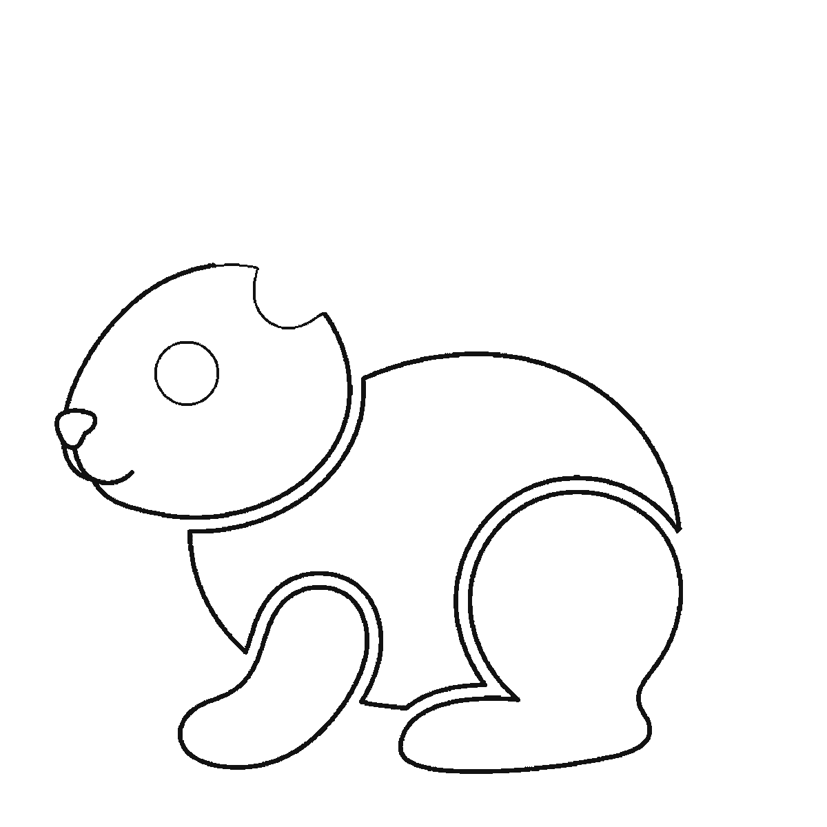 Paso 4 de 6: Paso 4 de 6: Lámina de dibujo paso a paso: un conejo sentado de perfil, con un ojo redondo de pupila rellena, dos orejas largas, el cuerpo redondeado, una pata delantera, una pata trasera y una cola redonda, contornos negros sobre blanco.