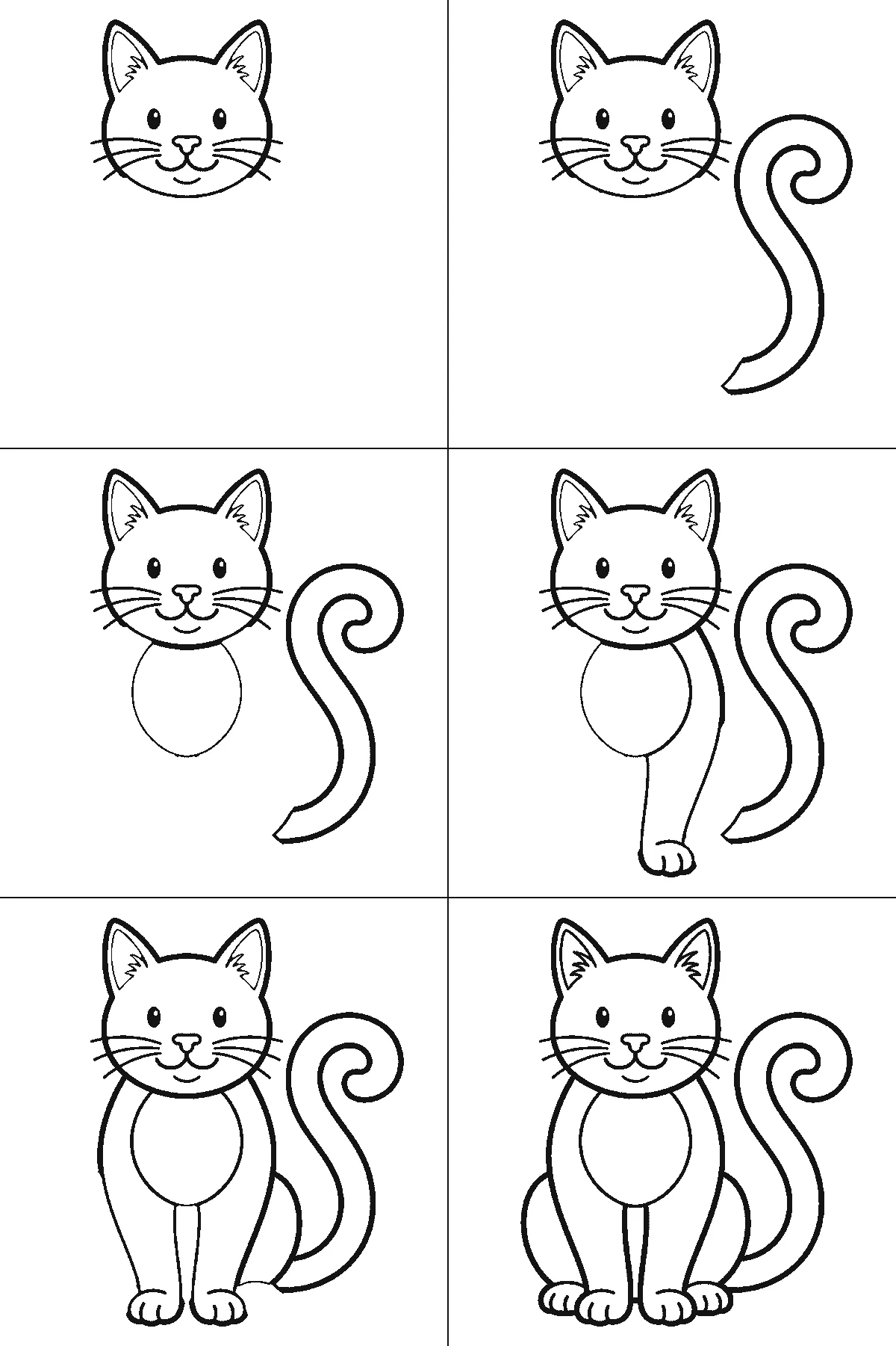 Lámina de dibujo paso a paso: un gato sentado y visto de frente, con dos ojos redondos de pupila rellena, bigotes a los lados y una cola larga y enroscada, contornos negros sobre blanco.
