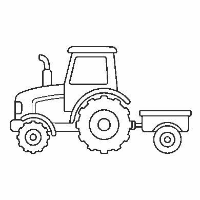 Lámina para calcar: el contorno muestra un tractor de perfil, mirando hacia la izquierda, con un remolque enganchado detrás. La rueda trasera es muy grande, con el dibujo del neumático marcado alrededor y dos círculos concéntricos en el centro; la delantera tiene el mismo diseño pero es más pequeña. La cabina es un bloque con una ventana grande y vacía, y delante baja el capó con un faro. El remolque es una caja abierta sobre una sola rueda.