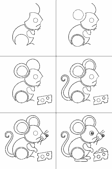 Lámina de dibujo paso a paso: el ratón está sentado de perfil y mira hacia la derecha, con una cuña de queso delante. Tiene dos orejas redondas muy grandes, un solo ojo de pupila rellena, el hocico puntiagudo, la nariz redonda y varios bigotes largos. El lomo y la cabeza forman una curva continua; una pata delantera se levanta ante el pecho y una pata trasera descansa en el suelo. La cola sale por detrás, sube y termina en una espiral.
