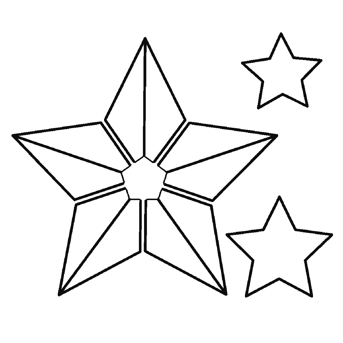 Paso 5 de 6: Paso 5 de 6: Lámina de dibujo paso a paso: una estrella grande de cinco puntas con la cara dividida en paneles triangulares alrededor de un pequeño pentágono central, junto a otras cuatro estrellas más pequeñas de distinto tamaño, contornos negros sobre blanco.