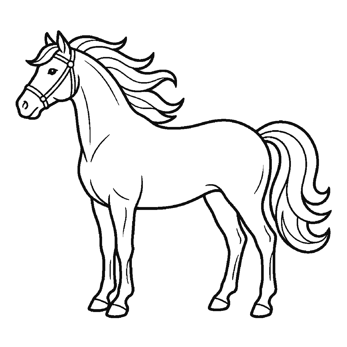 Paso 6 de 6: Paso 6 de 6: Lámina de dibujo paso a paso: un caballo de pie visto de perfil, con un ojo redondo de pupila rellena, un ronzal en la cabeza, y las crines y la cola formando mechones ondulados, contornos negros sobre blanco.