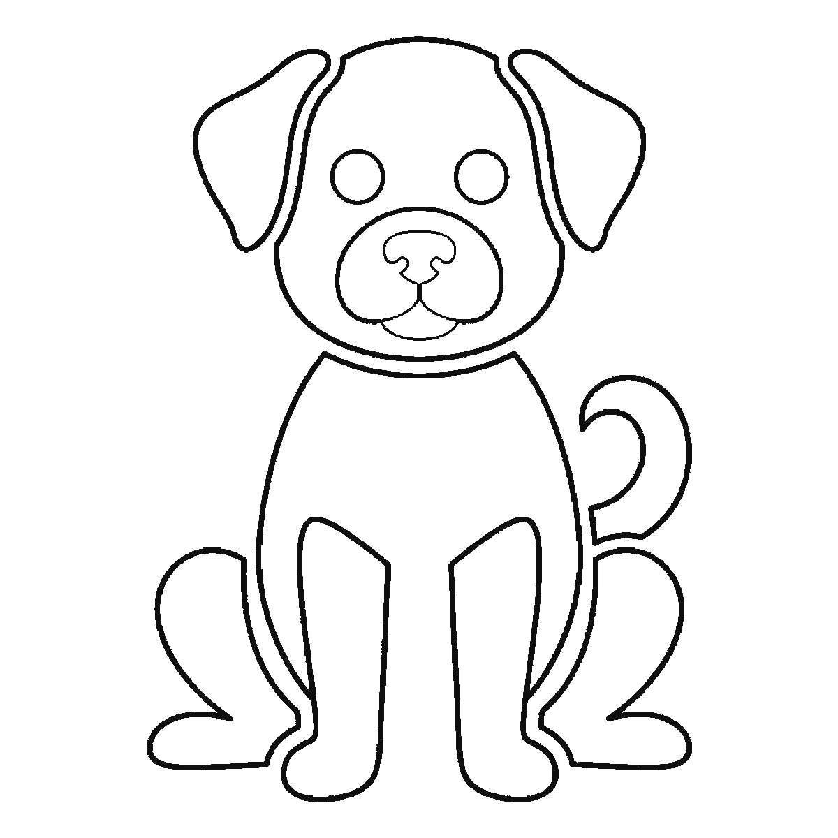 Paso 5 de 6: Paso 5 de 6: Lámina de dibujo paso a paso: un perro sentado y visto de frente, con dos ojos redondos de pupila rellena, el hocico redondeado, dos orejas, el cuerpo ovalado, las cuatro patas visibles y una cola enroscada, contornos negros sobre blanco.