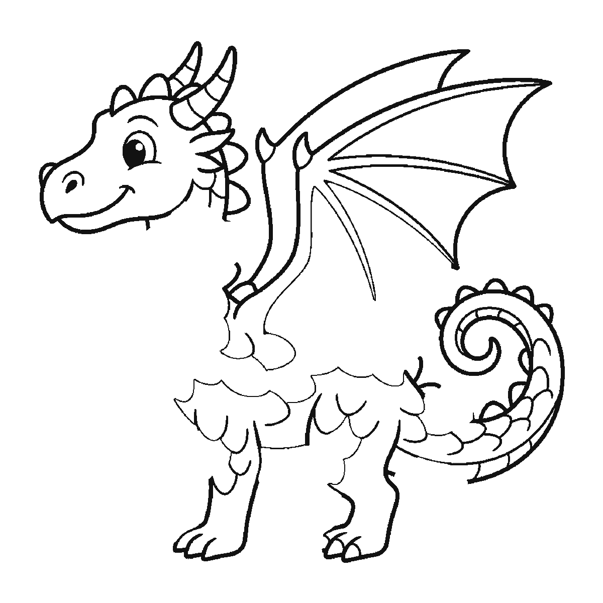 Paso 4 de 6: Paso 4 de 6: Lámina de dibujo paso a paso: un dragón de pie visto de perfil, con un ojo redondo de pupila rellena, las alas grandes y abiertas, la cola larga enroscada en espiral y una hilera de púas redondeadas a lo largo del lomo, contornos negros sobre blanco.