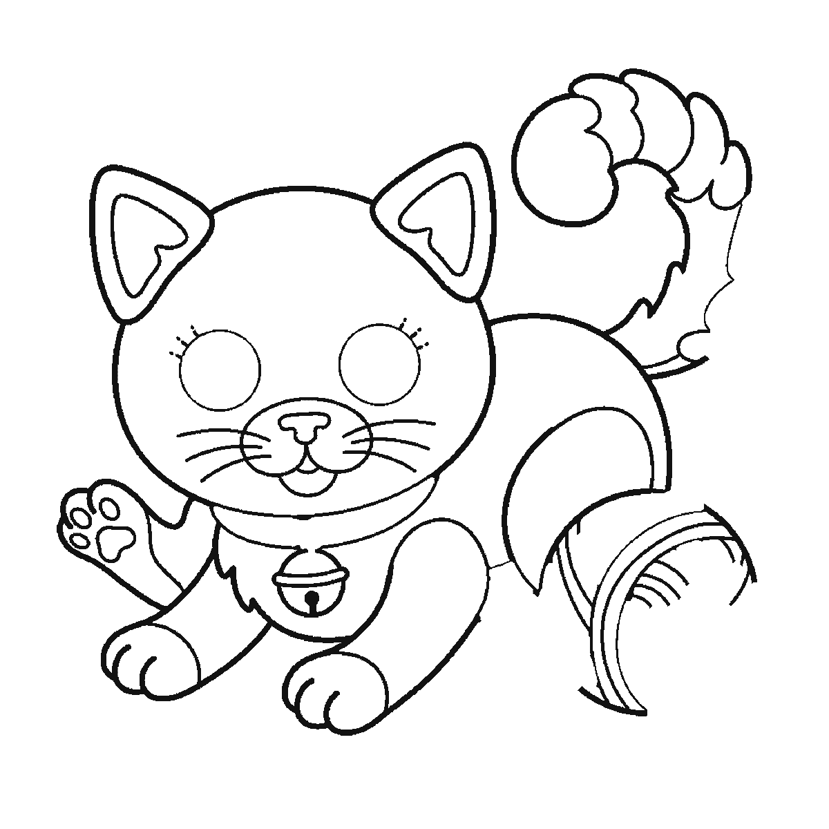 Paso 4 de 6: Paso 4 de 6: Lámina de dibujo paso a paso: un gatito agachado y jugando, visto de frente, con dos ojos redondos de pupila grande, dos orejas triangulares con el interior marcado, un collar con un cascabel, y una pata levantada hacia un ovillo de lana con el hilo suelto formando bucles, contornos negros sobre blanco.