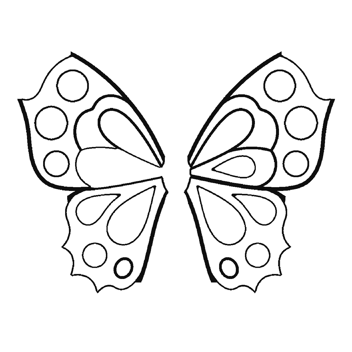 Paso 3 de 6: Paso 3 de 6: Lámina de dibujo paso a paso: una mariposa vista desde arriba con las alas simétricas totalmente extendidas y decoradas con círculos y motivos en forma de gota, la cabeza es un óvalo liso con dos antenas y sin rasgos faciales, contornos negros sobre blanco.
