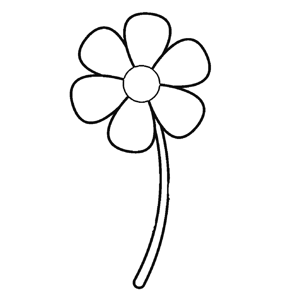 Paso 3 de 6: Paso 3 de 6: Lámina de dibujo paso a paso: una flor abierta vista de frente con seis pétalos redondeados alrededor de un centro circular, sobre un tallo curvado con dos hojas puntiagudas a distinta altura, cada una con su nervio central, contornos negros sobre blanco.