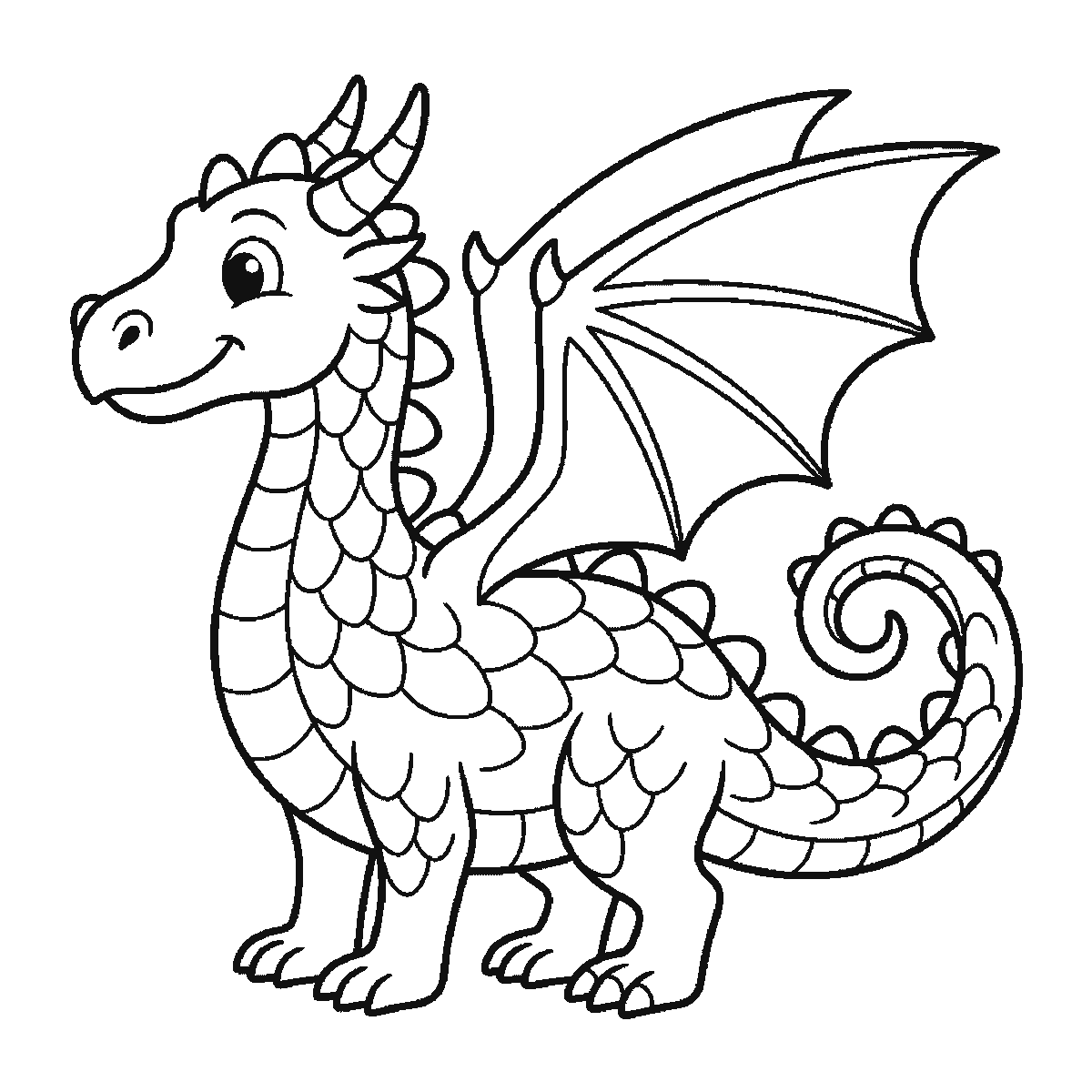Paso 6 de 6: Paso 6 de 6: Lámina de dibujo paso a paso: un dragón de pie visto de perfil, con un ojo redondo de pupila rellena, las alas grandes y abiertas, la cola larga enroscada en espiral y una hilera de púas redondeadas a lo largo del lomo, contornos negros sobre blanco.