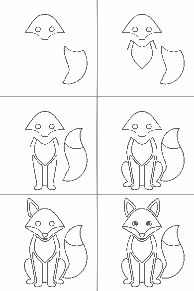 Lámina de dibujo paso a paso: el zorro está sentado de frente. La cabeza es ancha y triangular, con dos ojos redondos de pupila rellena, una nariz pequeña y dos orejas altas y puntiagudas con el interior marcado. En el pecho tiene una mancha grande que termina en punta. Las dos patas delanteras son largas y casi rectas, mientras que las traseras quedan dobladas a los lados.