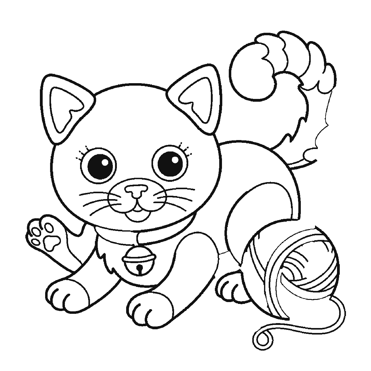 Paso 5 de 6: Paso 5 de 6: Lámina de dibujo paso a paso: un gatito agachado y jugando, visto de frente, con dos ojos redondos de pupila grande, dos orejas triangulares con el interior marcado, un collar con un cascabel, y una pata levantada hacia un ovillo de lana con el hilo suelto formando bucles, contornos negros sobre blanco.