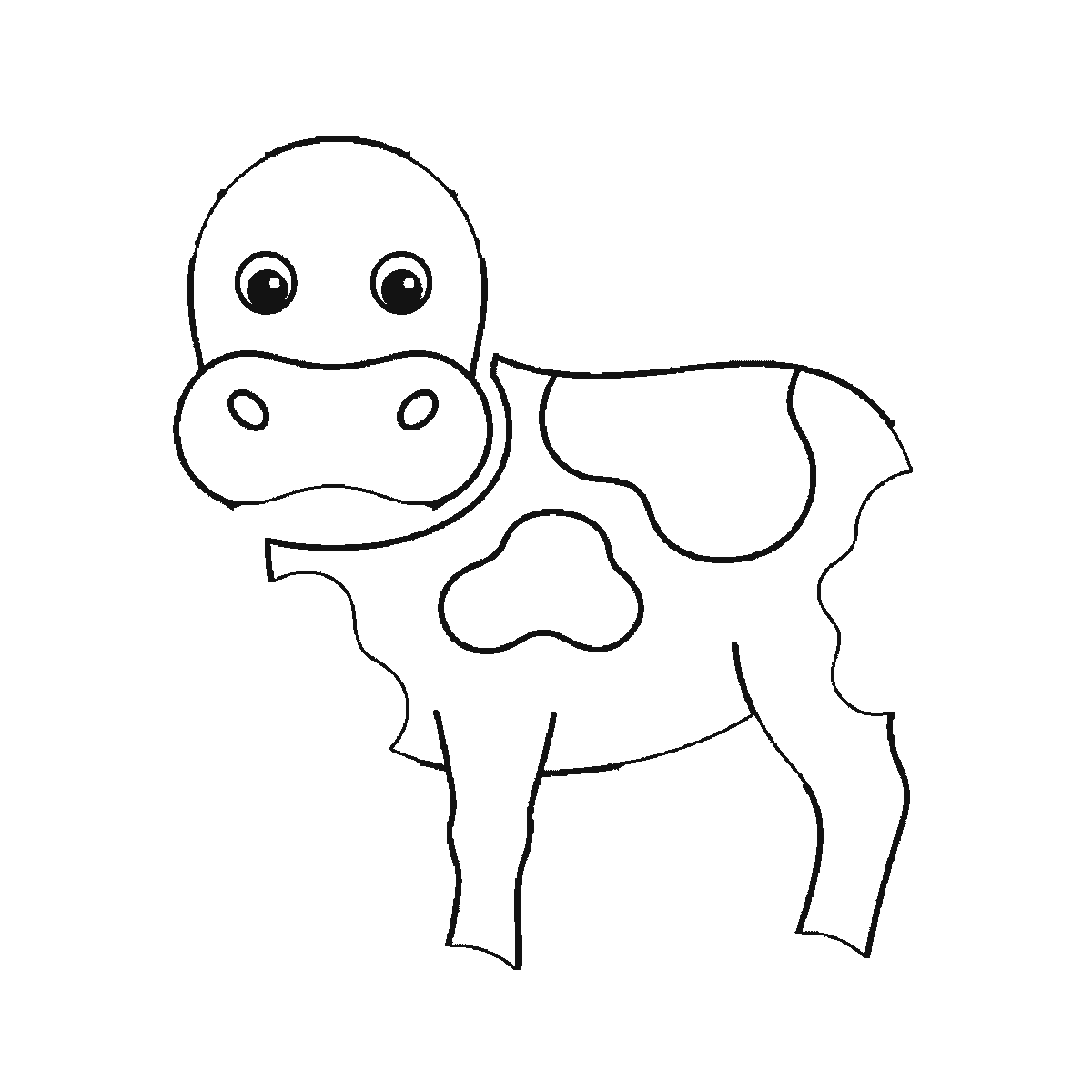 Paso 3 de 6: Paso 3 de 6: Lámina de dibujo paso a paso: una vaca de pie con la cabeza girada hacia quien mira, dos ojos redondos de pupila rellena, dos orejas, dos cuernos cortos, el hocico ancho con dos fosas nasales, tres manchas grandes en el cuerpo, las cuatro patas con pezuñas, la ubre visible y la cola con un mechón, contornos negros sobre blanco.