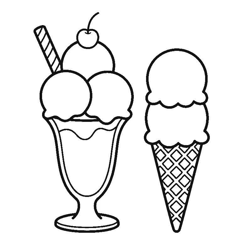Lámina para calcar: una copa alta de helado con tres bolas, una barquilla de galleta y una cereza encima, junto a un cucurucho aparte con dos bolas, contornos negros sobre blanco.