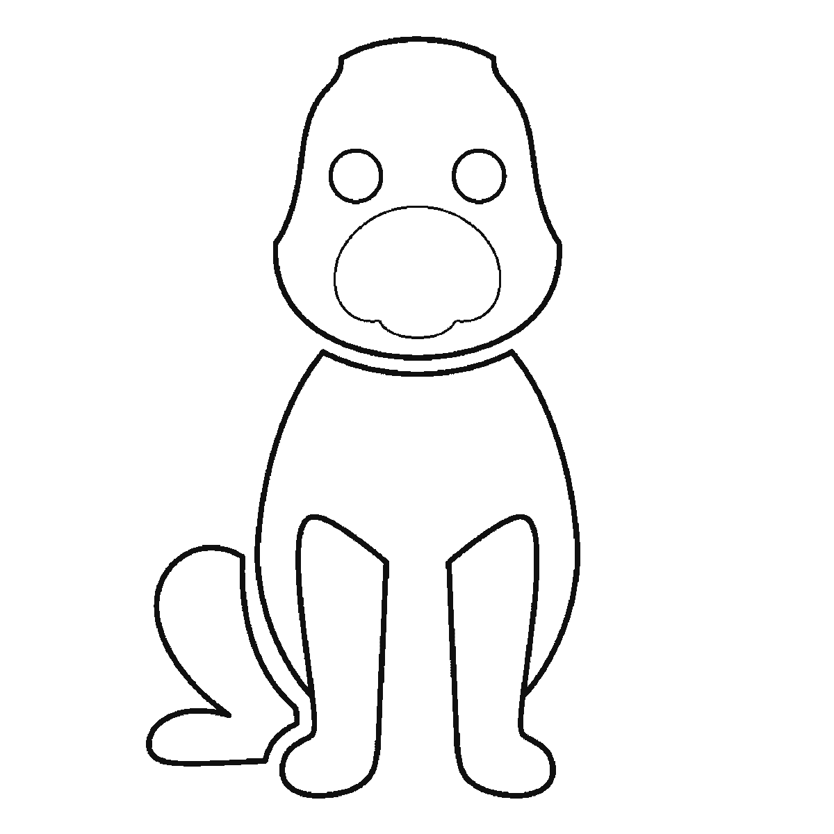 Paso 3 de 6: Paso 3 de 6: Lámina de dibujo paso a paso: un perro sentado y visto de frente, con dos ojos redondos de pupila rellena, el hocico redondeado, dos orejas, el cuerpo ovalado, las cuatro patas visibles y una cola enroscada, contornos negros sobre blanco.