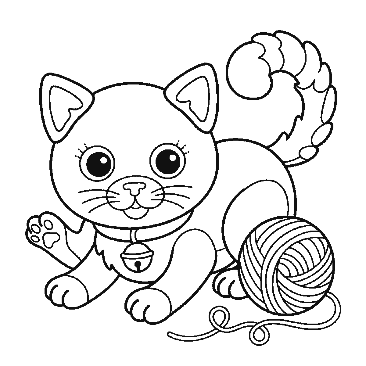 Paso 6 de 6: Paso 6 de 6: Lámina de dibujo paso a paso: un gatito agachado y jugando, visto de frente, con dos ojos redondos de pupila grande, dos orejas triangulares con el interior marcado, un collar con un cascabel, y una pata levantada hacia un ovillo de lana con el hilo suelto formando bucles, contornos negros sobre blanco.
