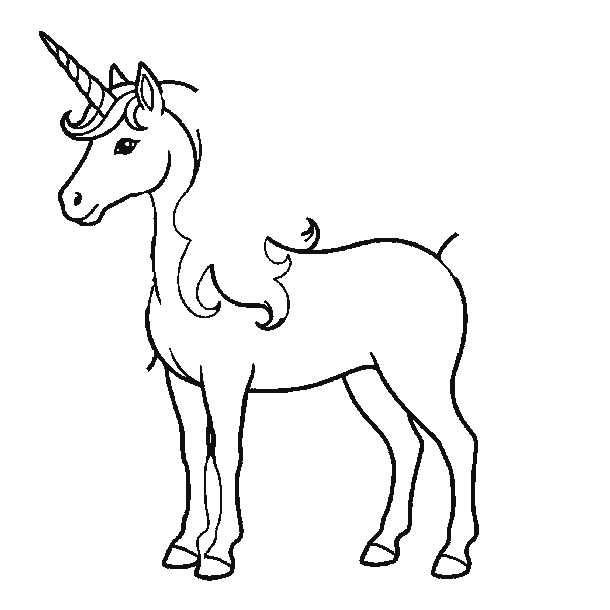 Paso 3 de 6: Paso 3 de 6: Lámina de dibujo paso a paso: un unicornio de pie visto de perfil, con un ojo redondo de pupila rellena, la crin y la cola ondulantes, y un único cuerno en espiral, contornos negros sobre blanco.