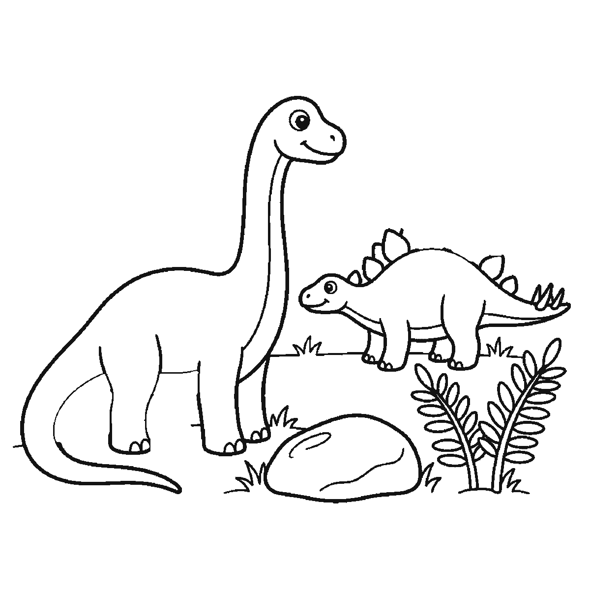 Paso 5 de 6: Paso 5 de 6: Lámina de dibujo paso a paso: un dinosaurio de cuello largo, de pie y de perfil, junto a un dinosaurio más pequeño con placas en el lomo, cada uno con un ojo redondo de pupila rellena, y dos helechos y una roca redondeada al lado, contornos negros sobre blanco.